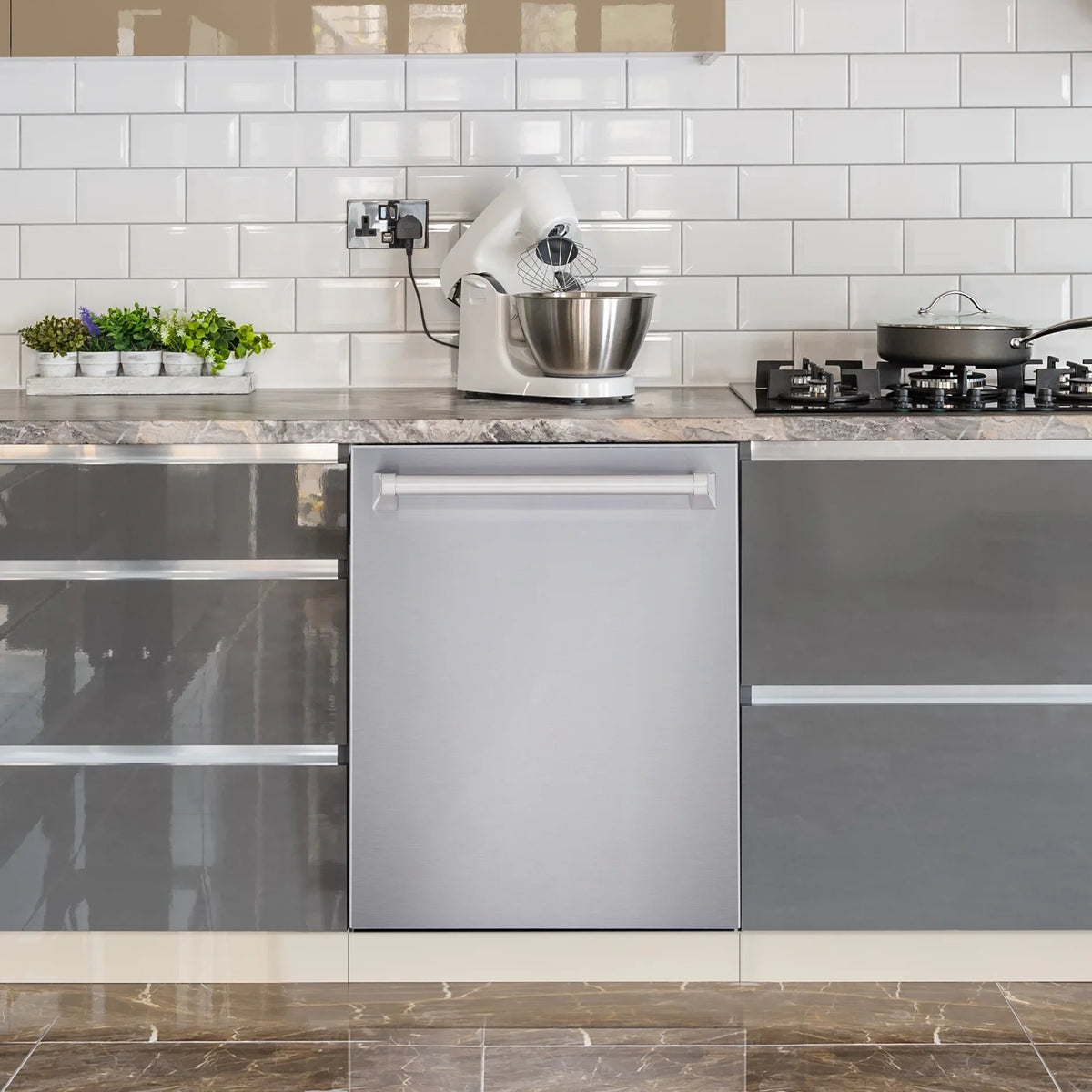 2026 NewCosmo 5 Piece Kitchen Appliance Packages with 30" Freestanding Electric Range 30" Island Range Hood 24" Built-in Fully Integrated Dishwasher French Door Refrigerator & 48 Bottle Wine Refrigerator