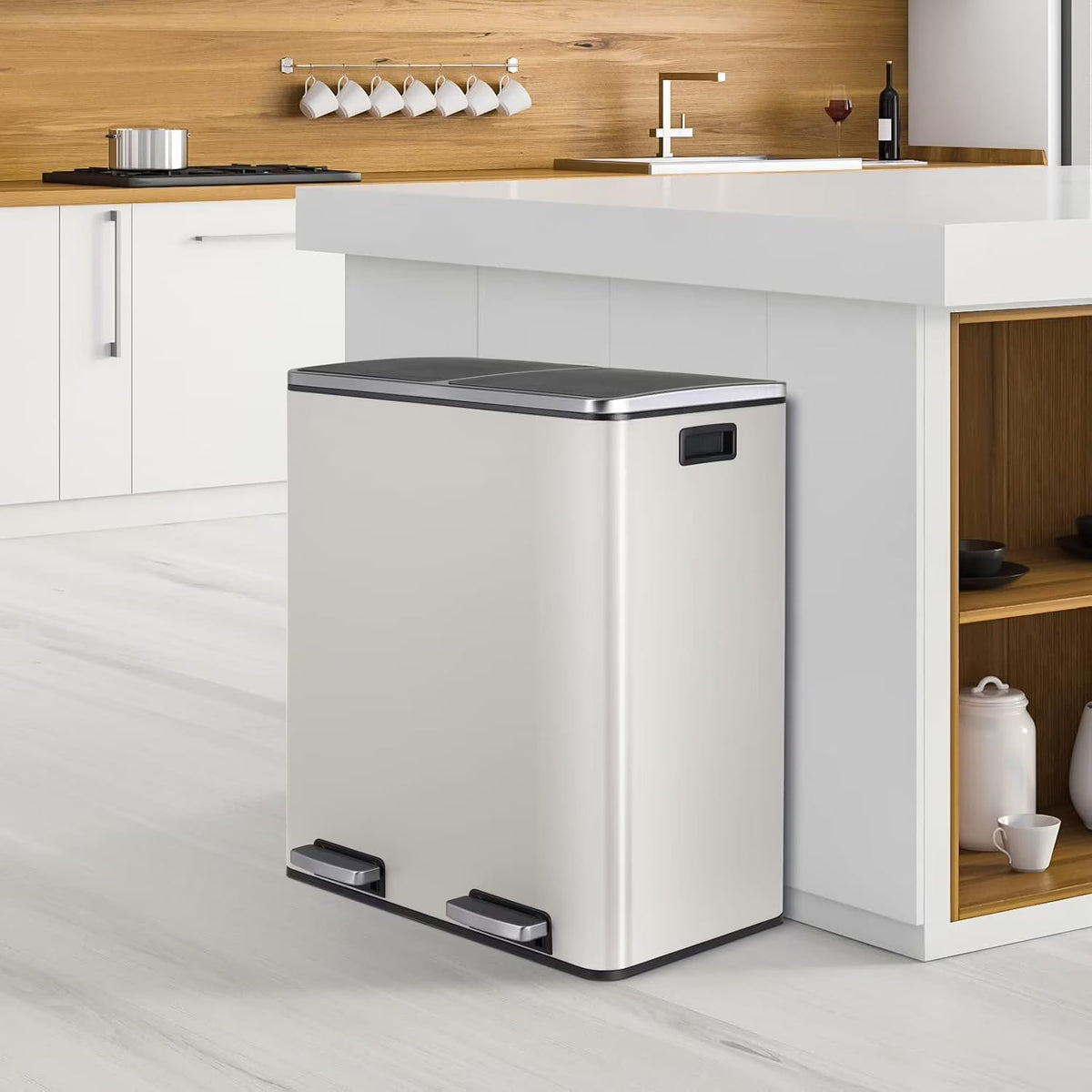 2026 NewArlopu 60 L/16 gal Dual Trash Can, Stainless Steel Garbage Can for Kitchen, Recycle Bin with Lid