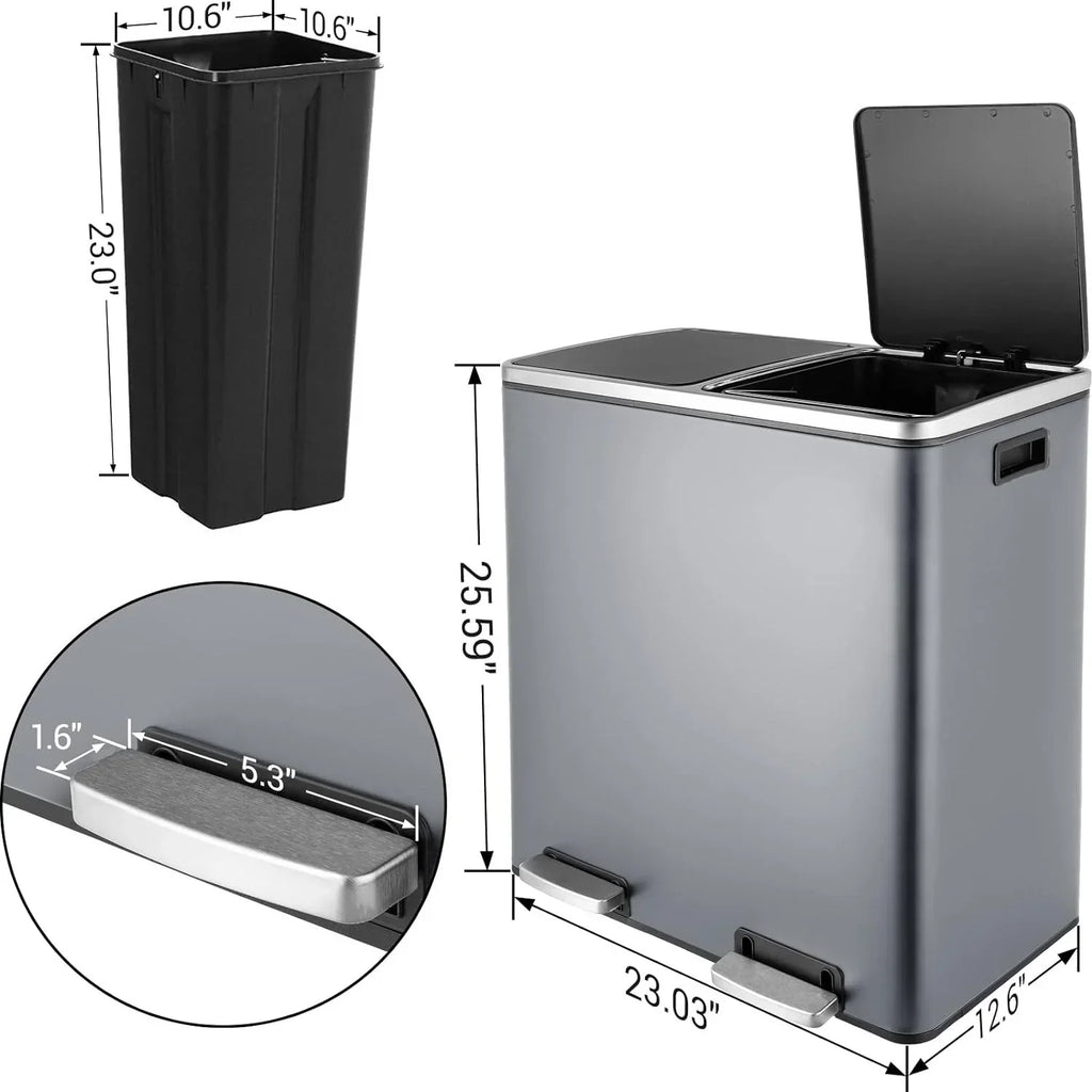 2026 NewArlopu 60 L/16 gal Dual Trash Can, Stainless Steel Garbage Can for Kitchen, Recycle Bin with Lid