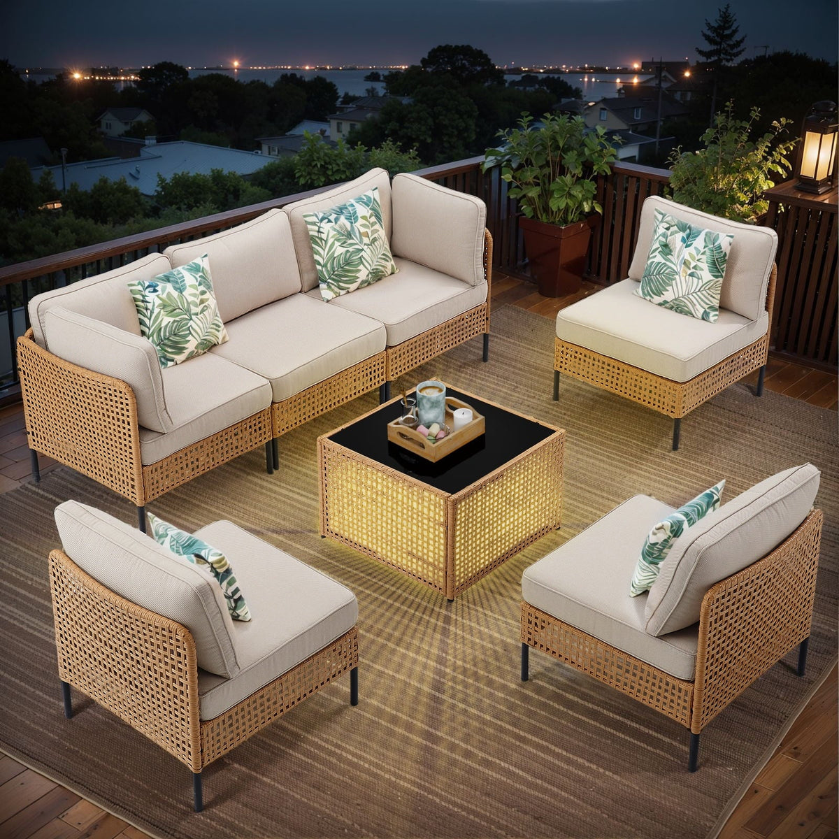 2026 NewPPorfamilia Outdoor Modular Sectional Furniture Set, 7 Piece Natural PE Rattan Sofa Set with 2 Corner Chairs, 4 Middle Chairs, Side Table