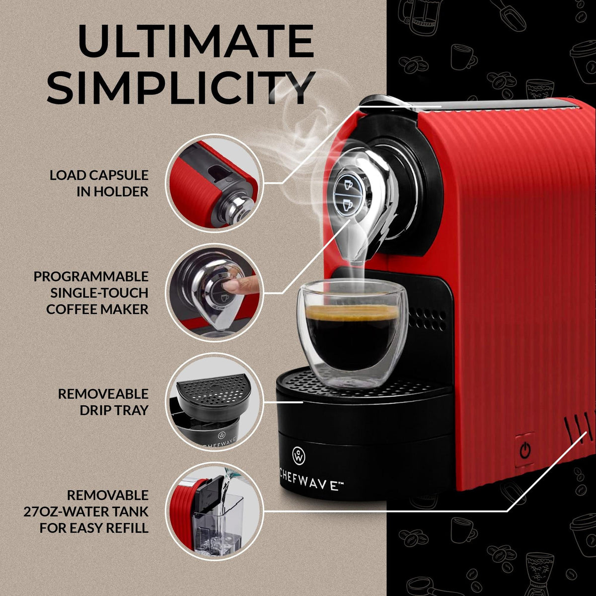 2026 NewChefWave Espresso Machine for use with Nespresso Capsules (Red), Holder and Cups