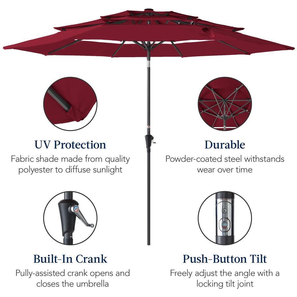 2026 NewBest Choice Products 10ft 3-Tier Patio Umbrella, Market Sun Shade w/ Tilt Adjustment, Easy Crank - Red