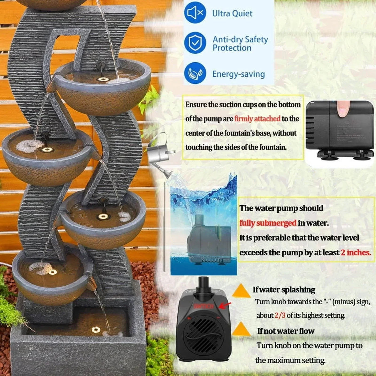 2026 New6-Tiered Garden Water Fountains Large Outdoor Fountains and Waterfalls with Light for Patio Yard Porch Pool Decor