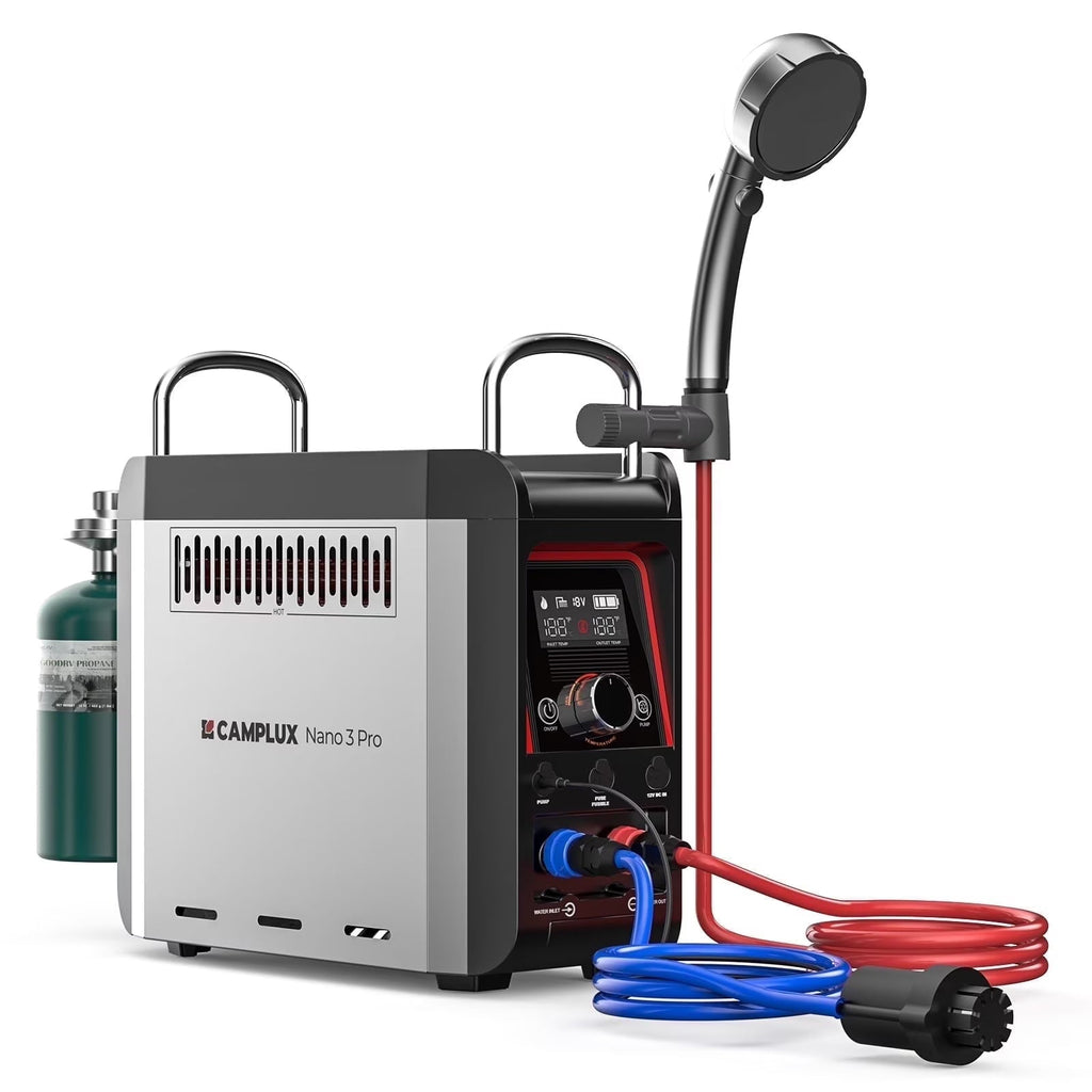 2026 NewCAMPLUX Nano 3 Pro Portable Propane Water Heater with Battery, Instant Hot Water for Camping and Outdoor Use
