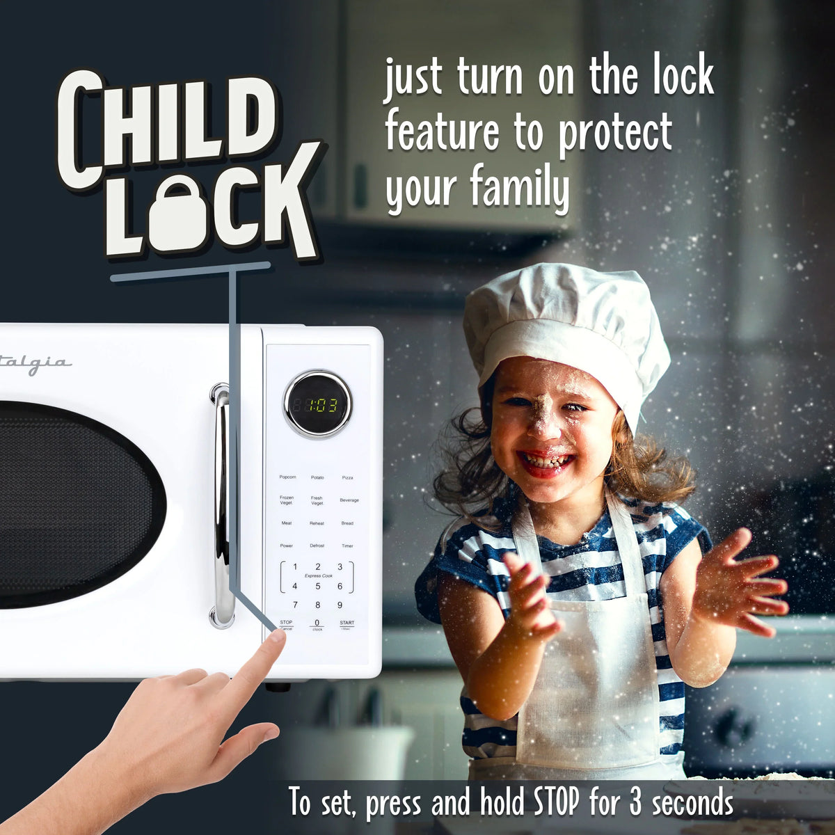 2026 NewNostalgia Retro Microwave Oven - 1.1 Cu Ft & 1000-Watt Countertop Size with Glass Turntable, Child Safety Lock, 8 Auto-Cook Programs & Digital Clock - Black