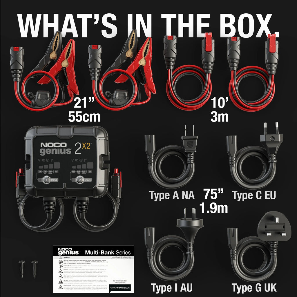 2026 NewNOCO GENIUS2X2: 2-Bank 4A (2A/Bank) 6V/12V Smart Battery Charger, Maintainer and Desulfator