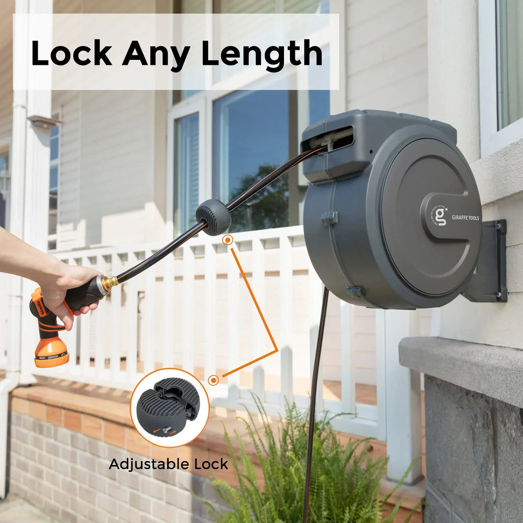 2026 NewGiraffe Tools Retractable Garden Hose Reel with 1/2in-100ft Water Hose, Plastic Bracket, Wall Mounted, Dark Grey