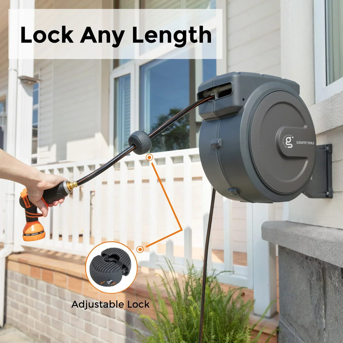 2026 NewGiraffe Tools Retractable Garden Hose Reel with 1/2in-100ft Water Hose, Plastic Bracket, Wall Mounted, Dark Grey