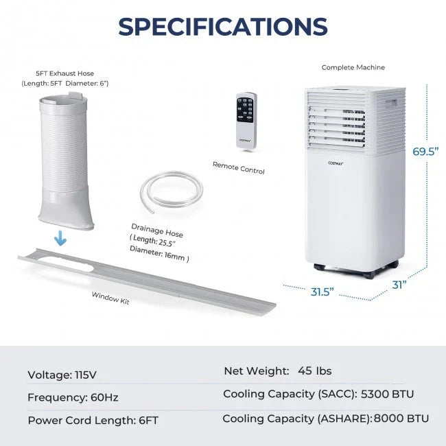 8000 BTU 3-in-1 Air Cooler with Dehumidifier and Fan Mode