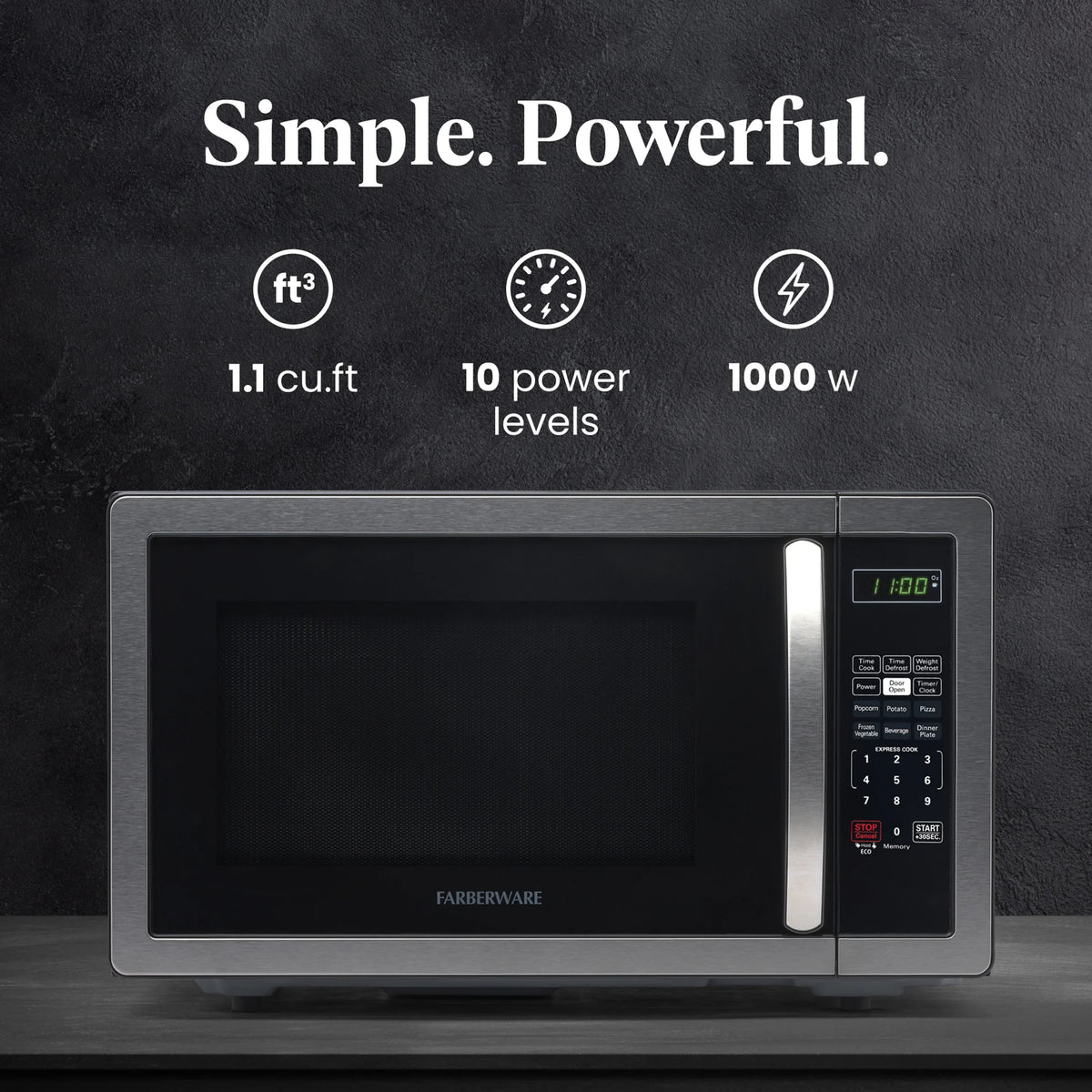 2026 NewFarberware 1.1 Cu. Ft. 1000-Watt Compact Microwave Oven, Black