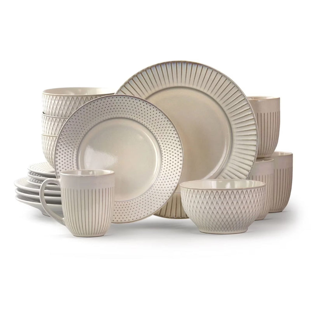 2026 NewElama Market Finds 16 Piece Round Stoneware Dinnerware Set in Embossed White