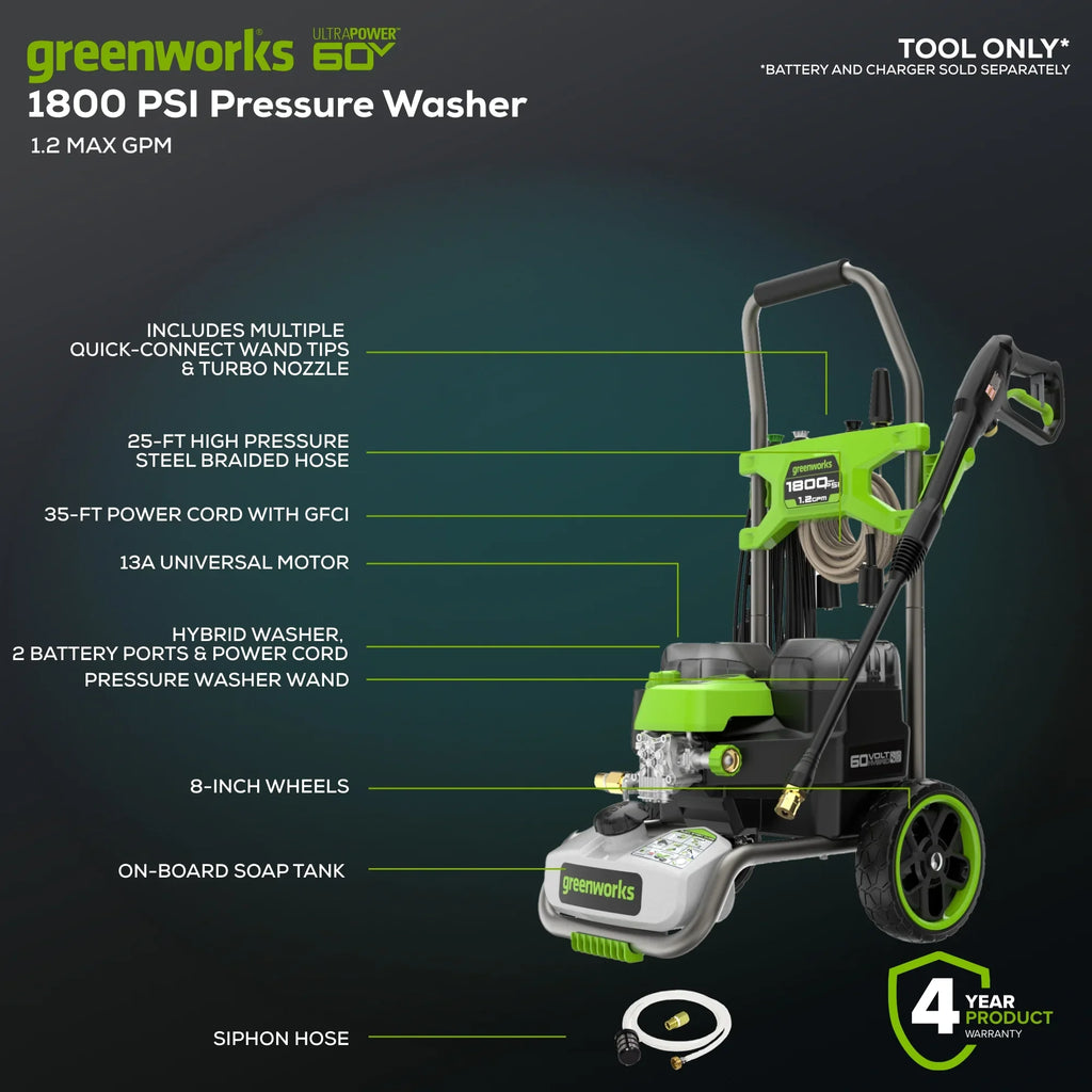 2026 NewGreenworks Hybrid 60V 1800 PSI at 1.2 GPM Electric Cold Water Pressure Washer 5109402T